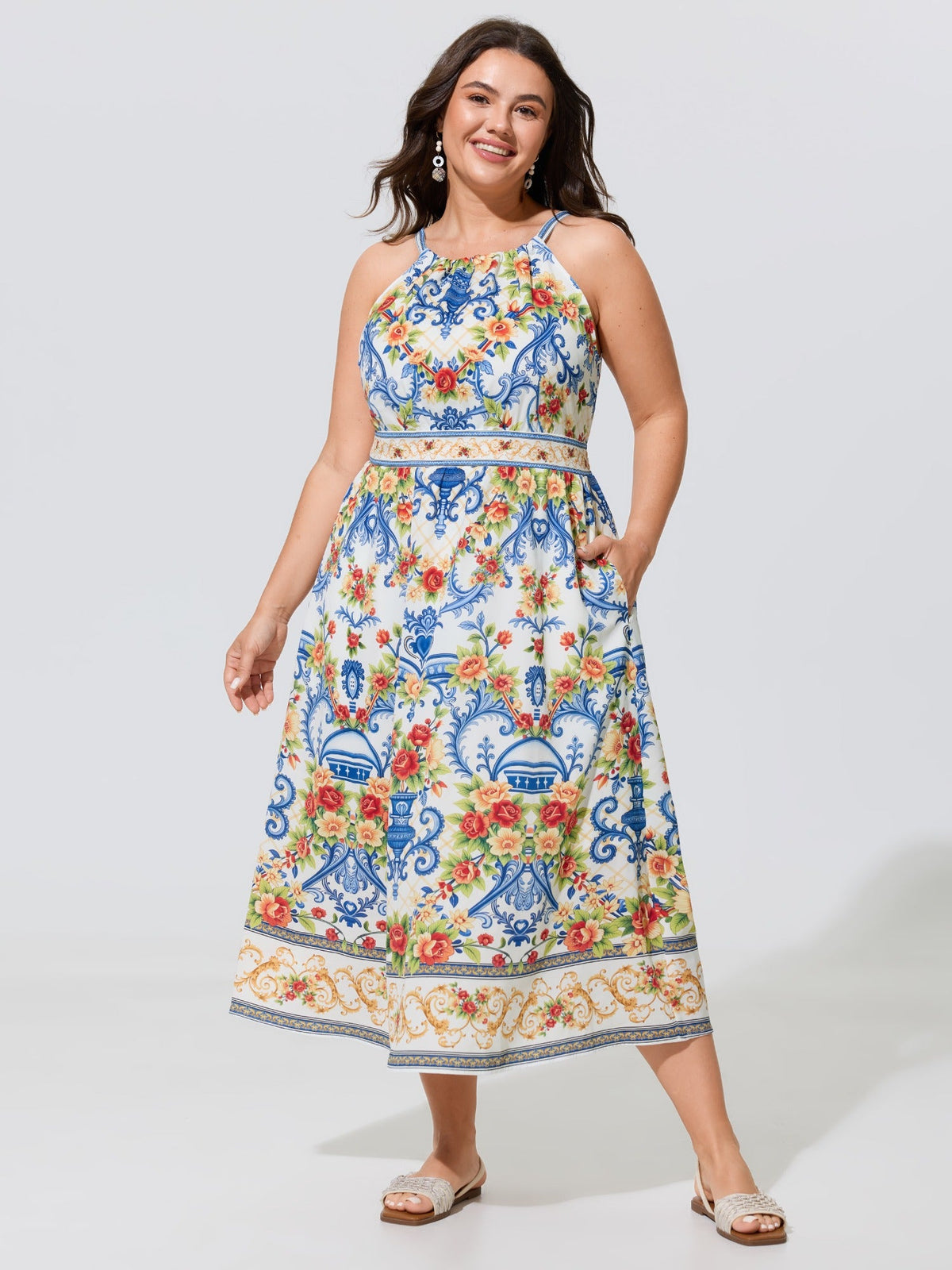 Vintage Floral Print Pockets Midi Dress