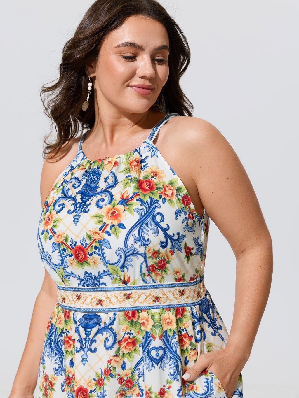 Vintage Floral Print Pockets Midi Dress