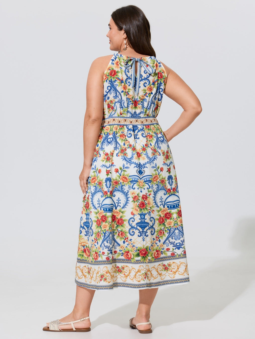 Vintage Floral Print Pockets Midi Dress