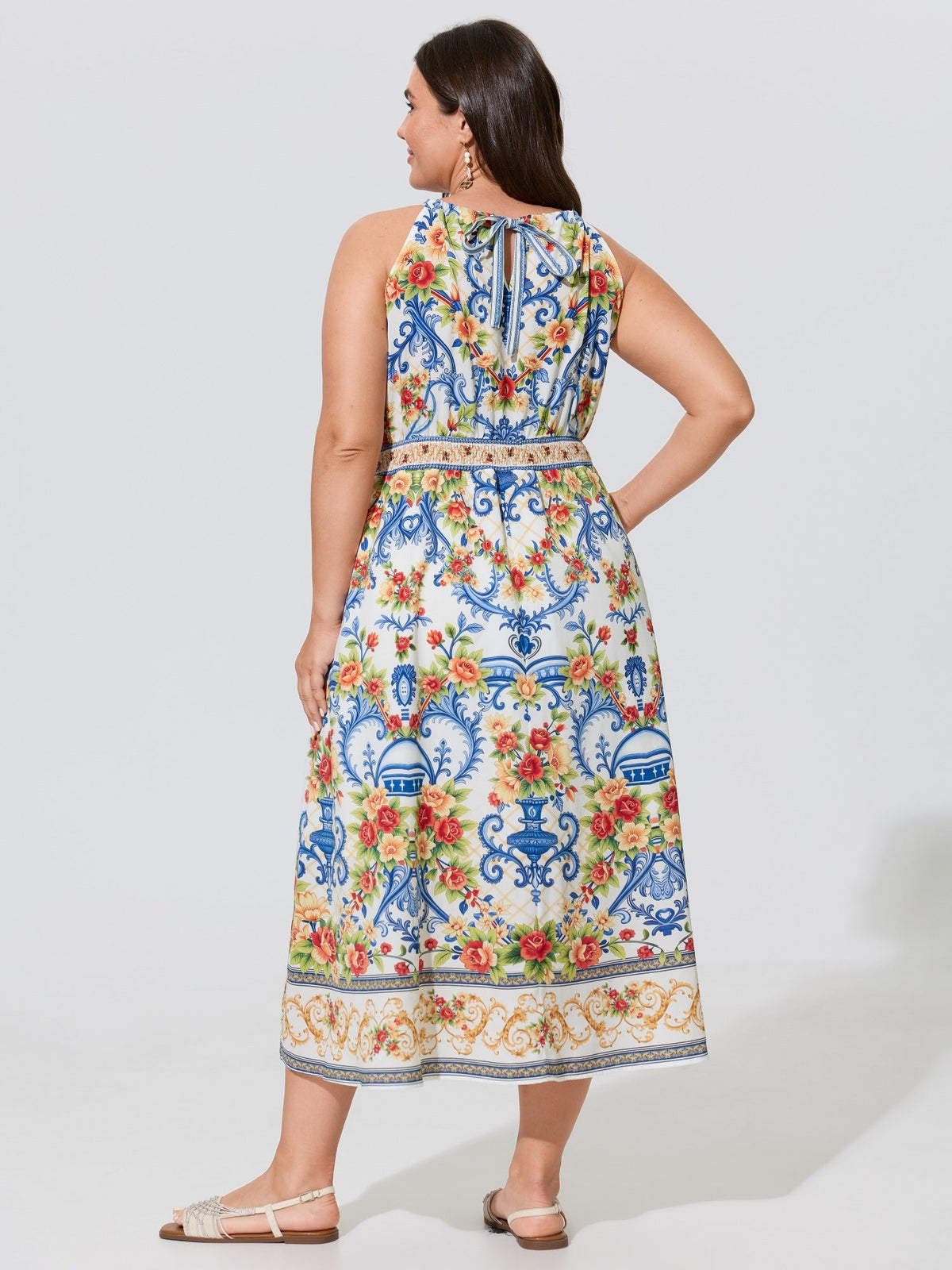 Vintage Floral Print Pockets Midi Dress