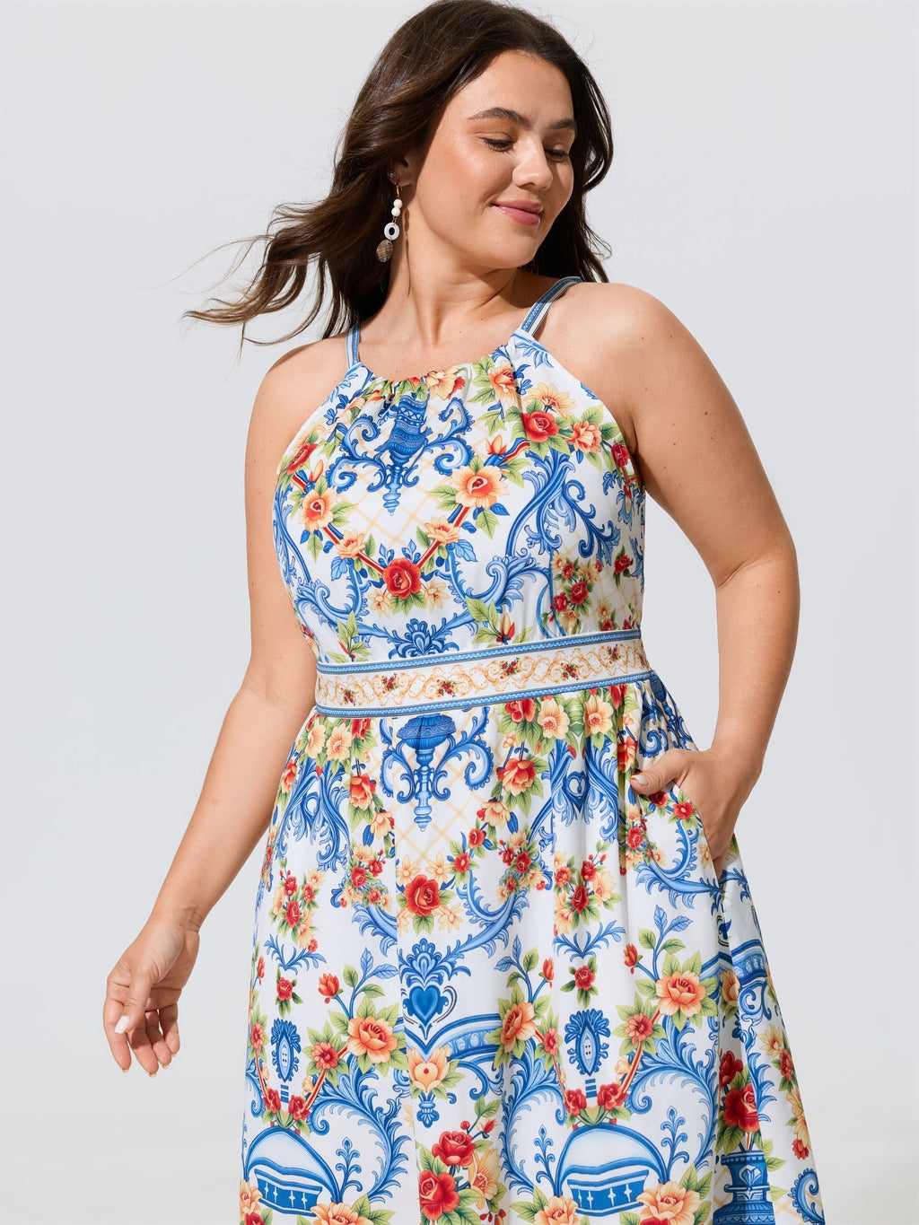 Vintage Floral Print Pockets Midi Dress