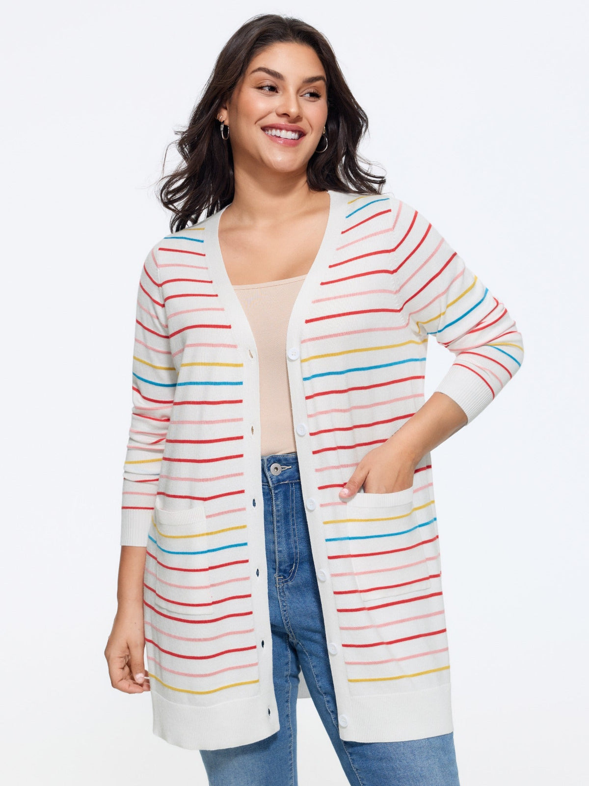 Multi‑Color Striped Patch Pockets Cardigan