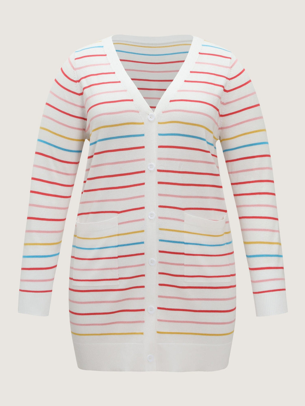 Multi‑Color Striped Patch Pockets Cardigan