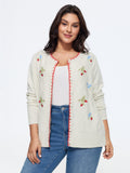 Strawberry Embroidery Round Neck Button‑Front Cardigan
