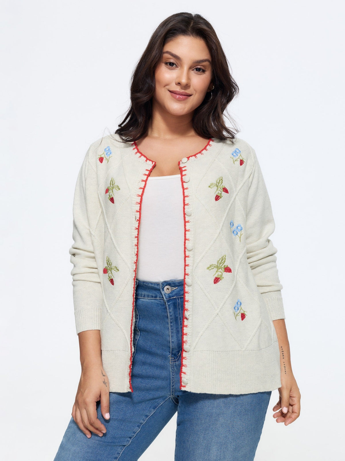 Strawberry Embroidery Round Neck Button‑Front Cardigan