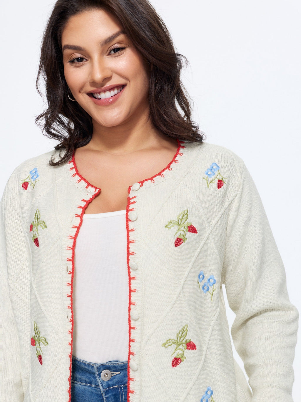 Strawberry Embroidery Round Neck Button‑Front Cardigan
