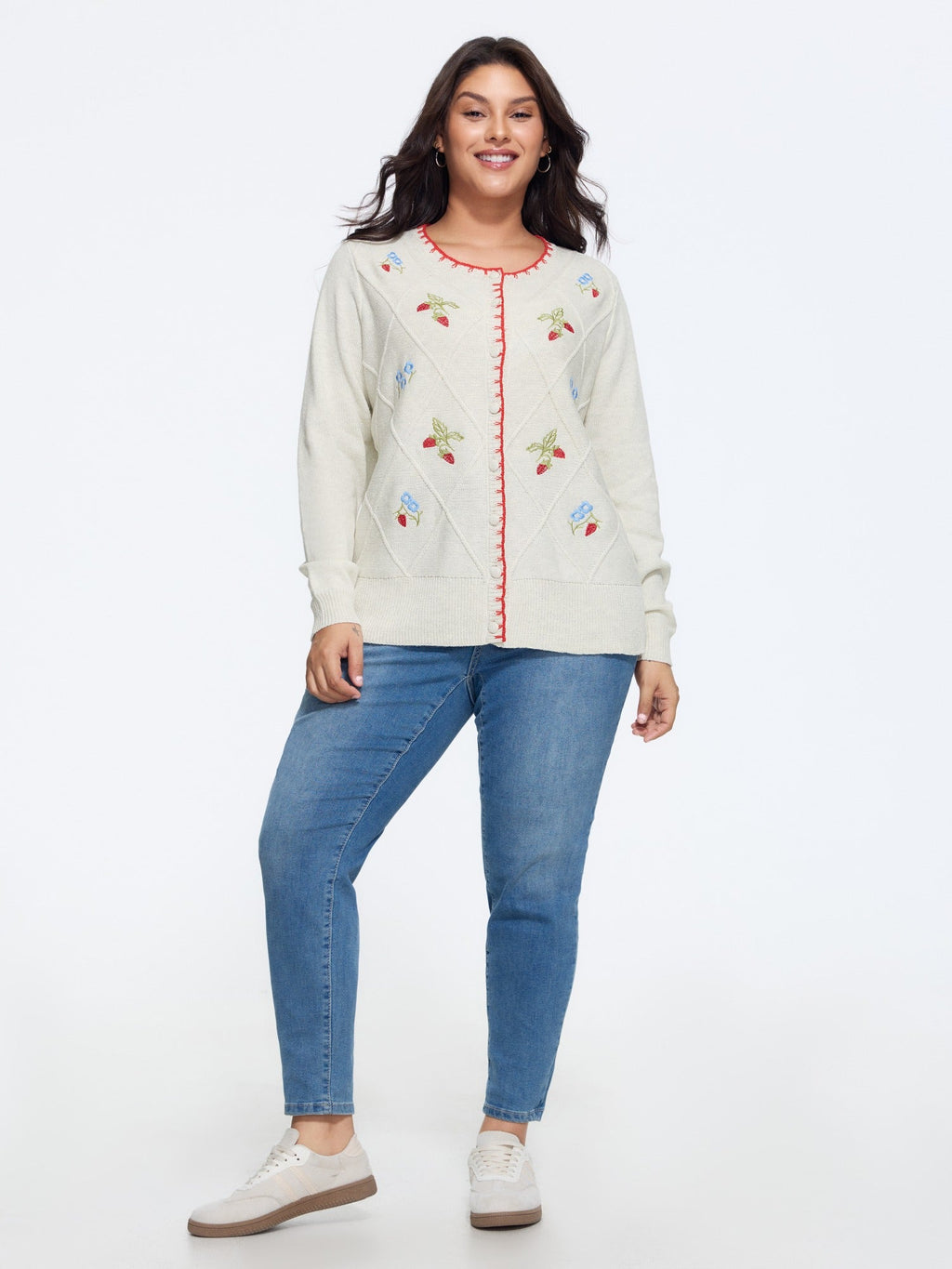 Strawberry Embroidery Round Neck Button‑Front Cardigan