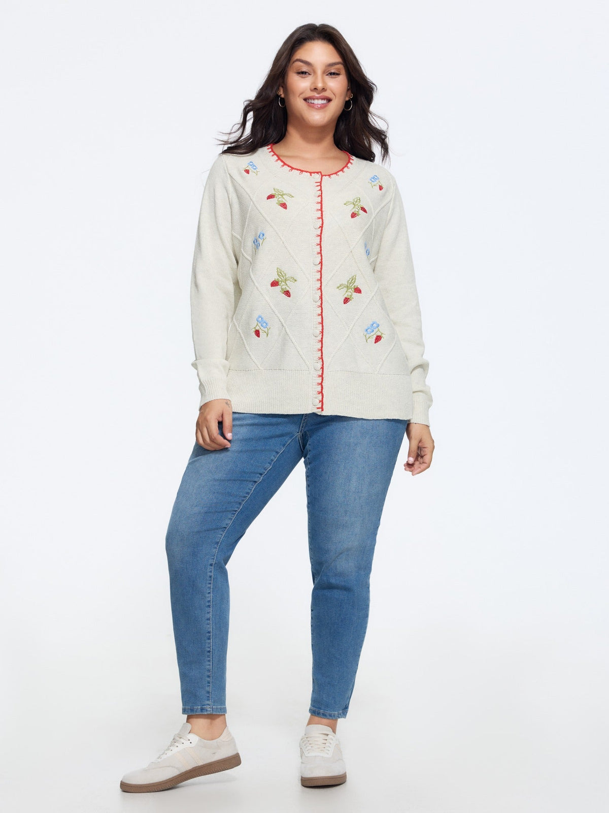 Strawberry Embroidery Round Neck Button‑Front Cardigan
