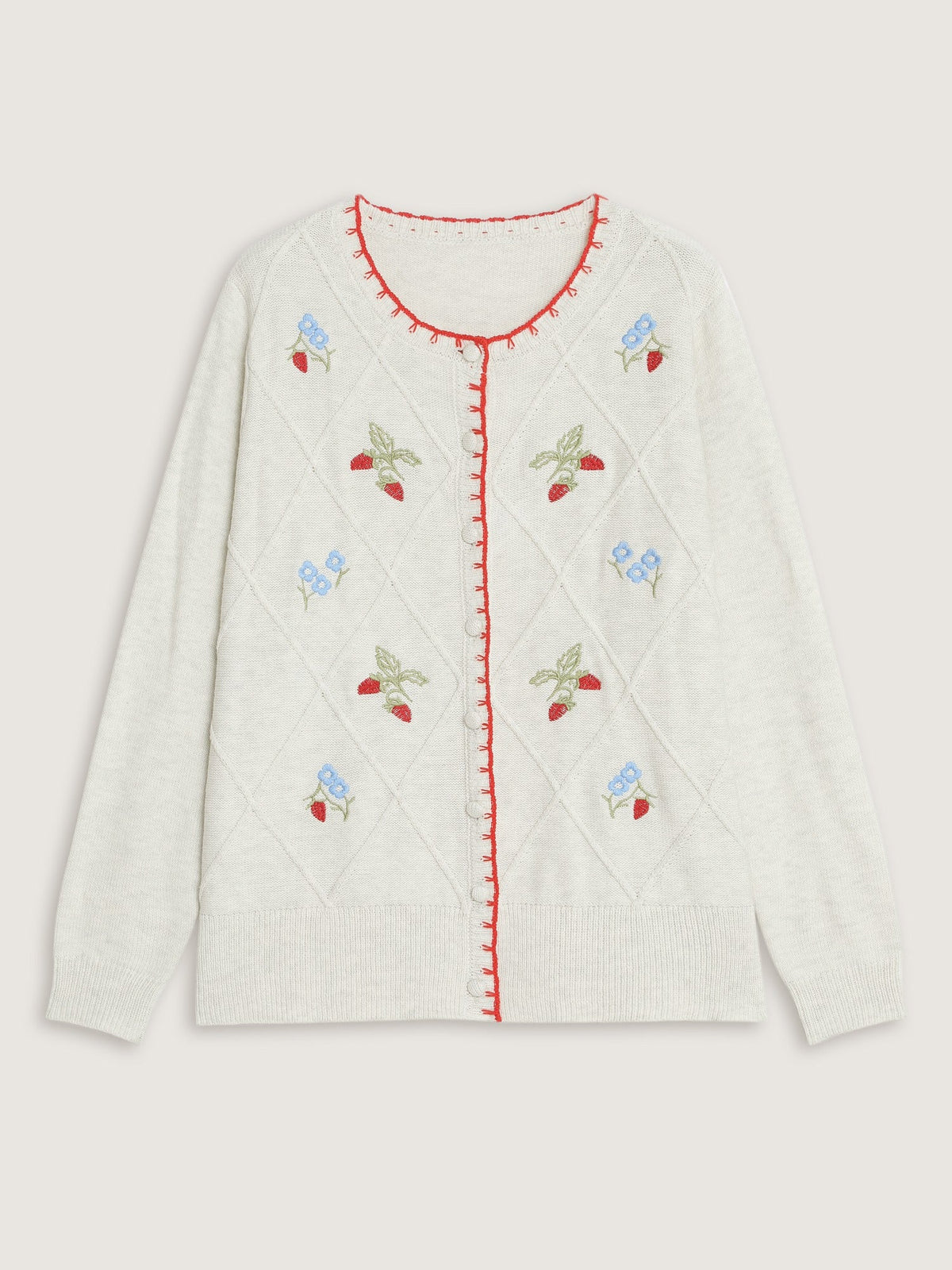 Strawberry Embroidery Round Neck Button‑Front Cardigan