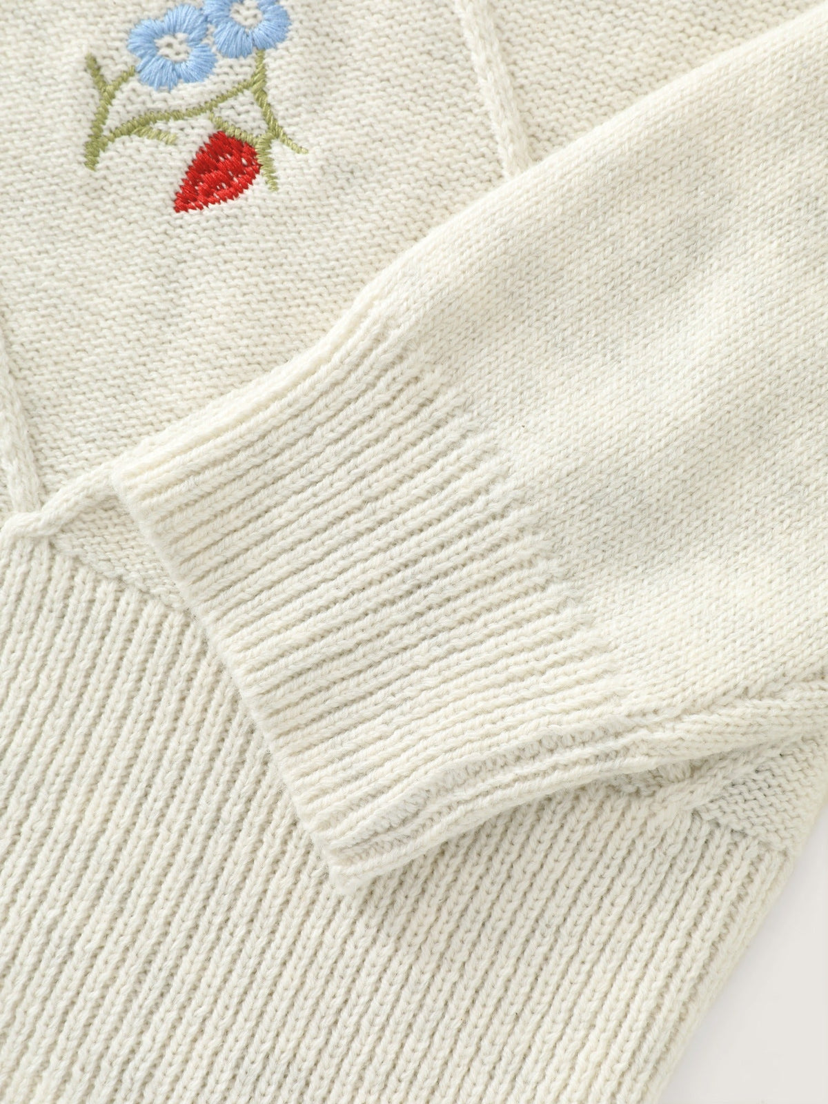 Strawberry Embroidery Round Neck Button‑Front Cardigan