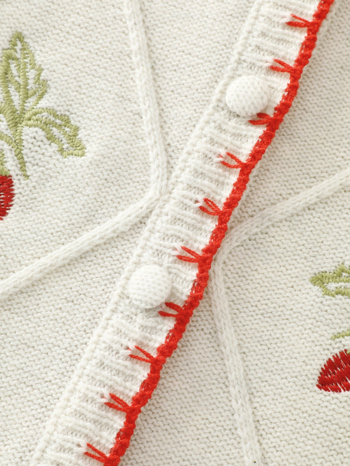 Strawberry Embroidery Round Neck Button‑Front Cardigan