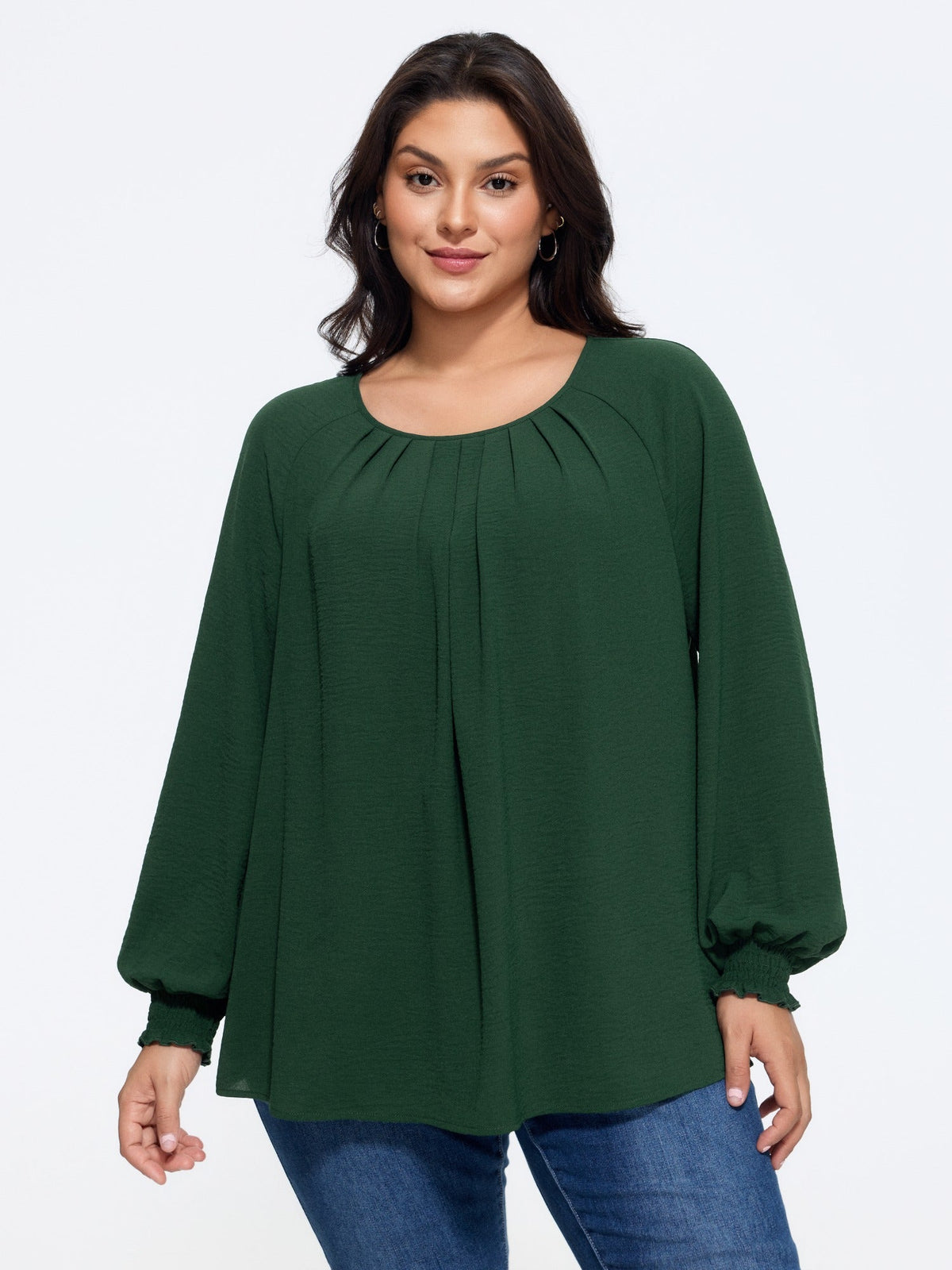 Round Neck Front Pleated Shirred Cuff Blouse