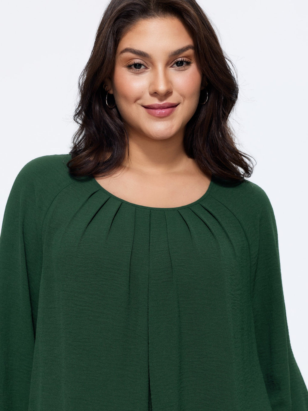 Round Neck Front Pleated Shirred Cuff Blouse