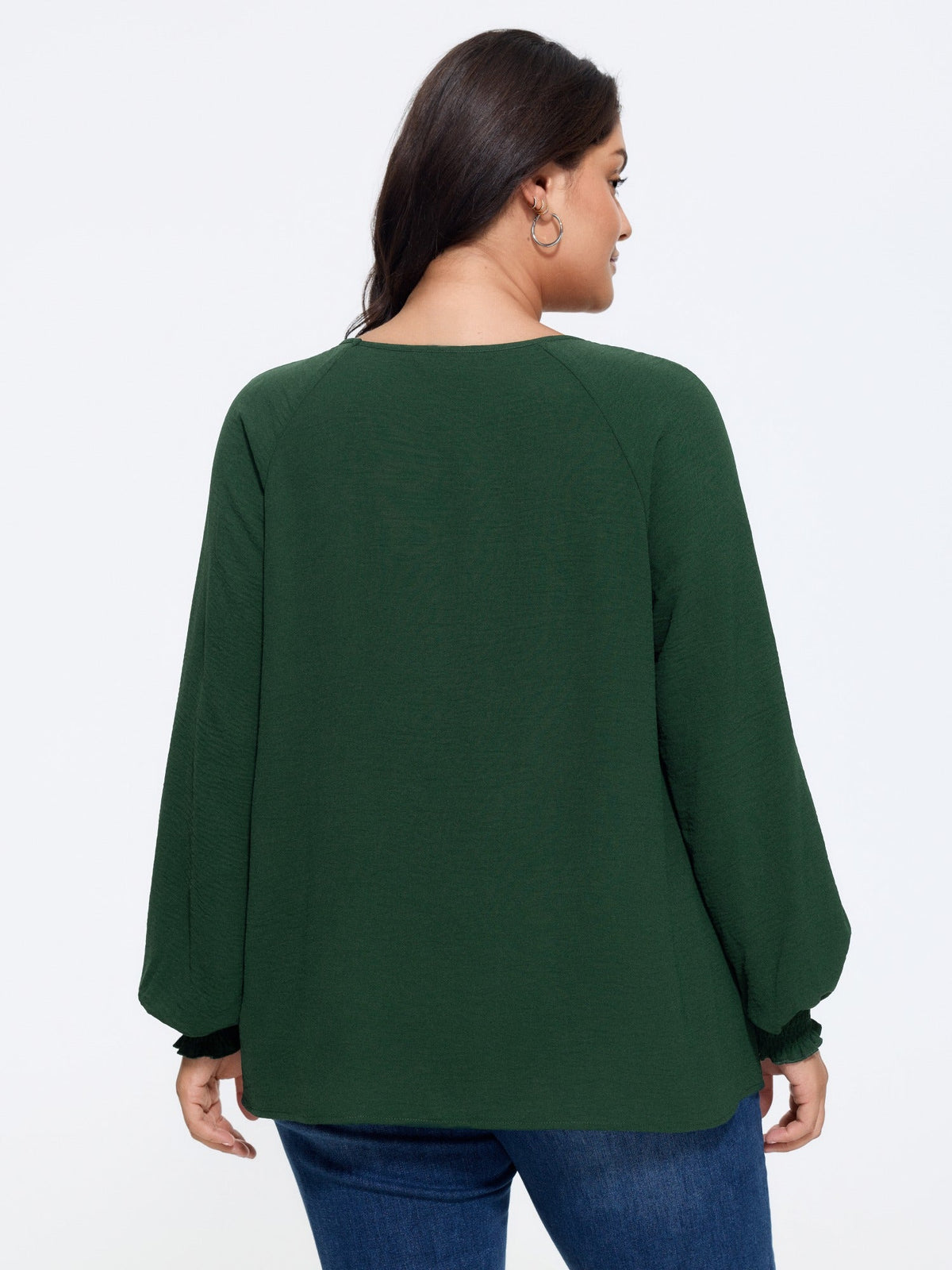Round Neck Front Pleated Shirred Cuff Blouse