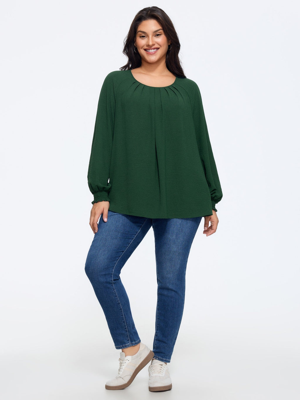 Round Neck Front Pleated Shirred Cuff Blouse