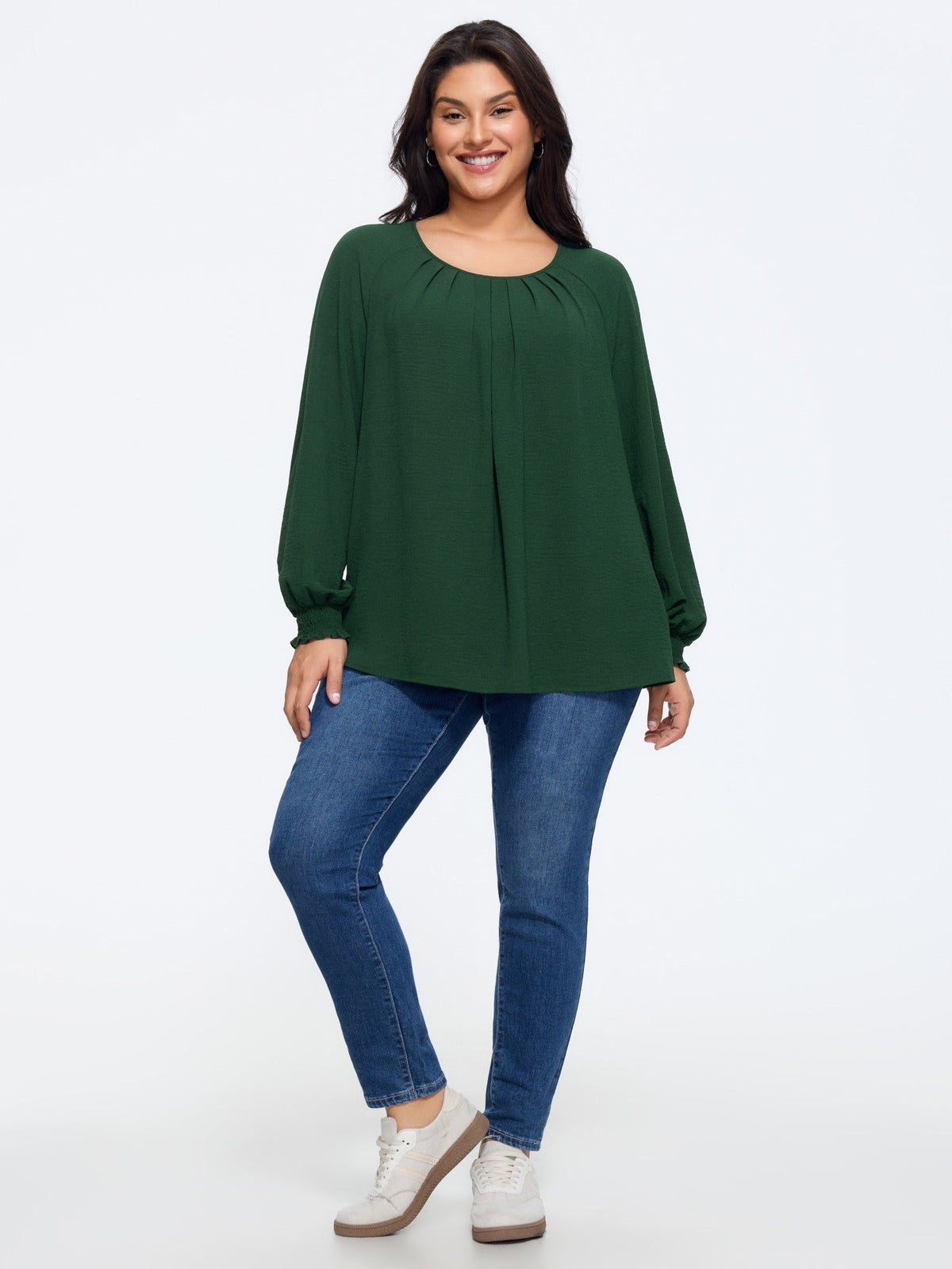 Round Neck Front Pleated Shirred Cuff Blouse