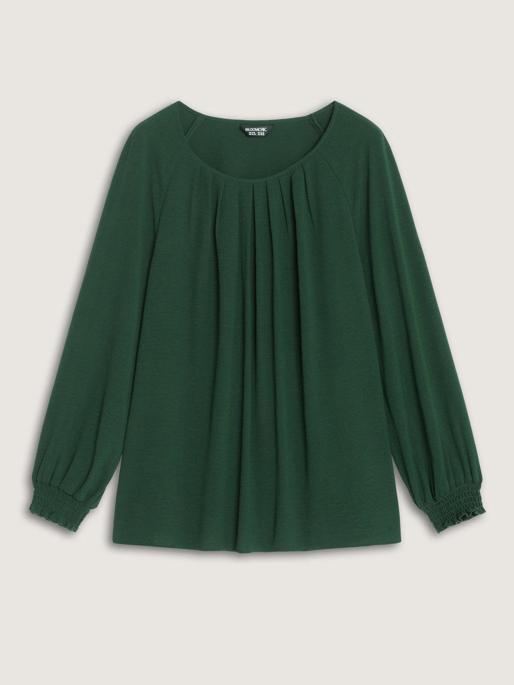 Round Neck Front Pleated Shirred Cuff Blouse