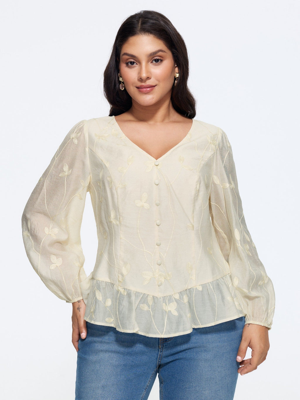 Leaf Embroidered Button Front Ruffle Hem Blouse