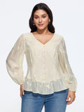 Leaf Embroidered Button Front Ruffle Hem Blouse