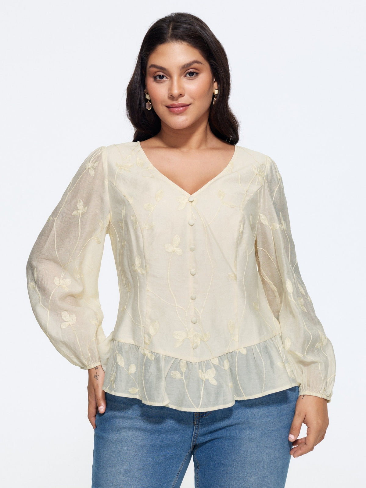 Leaf Embroidered Button Front Ruffle Hem Blouse