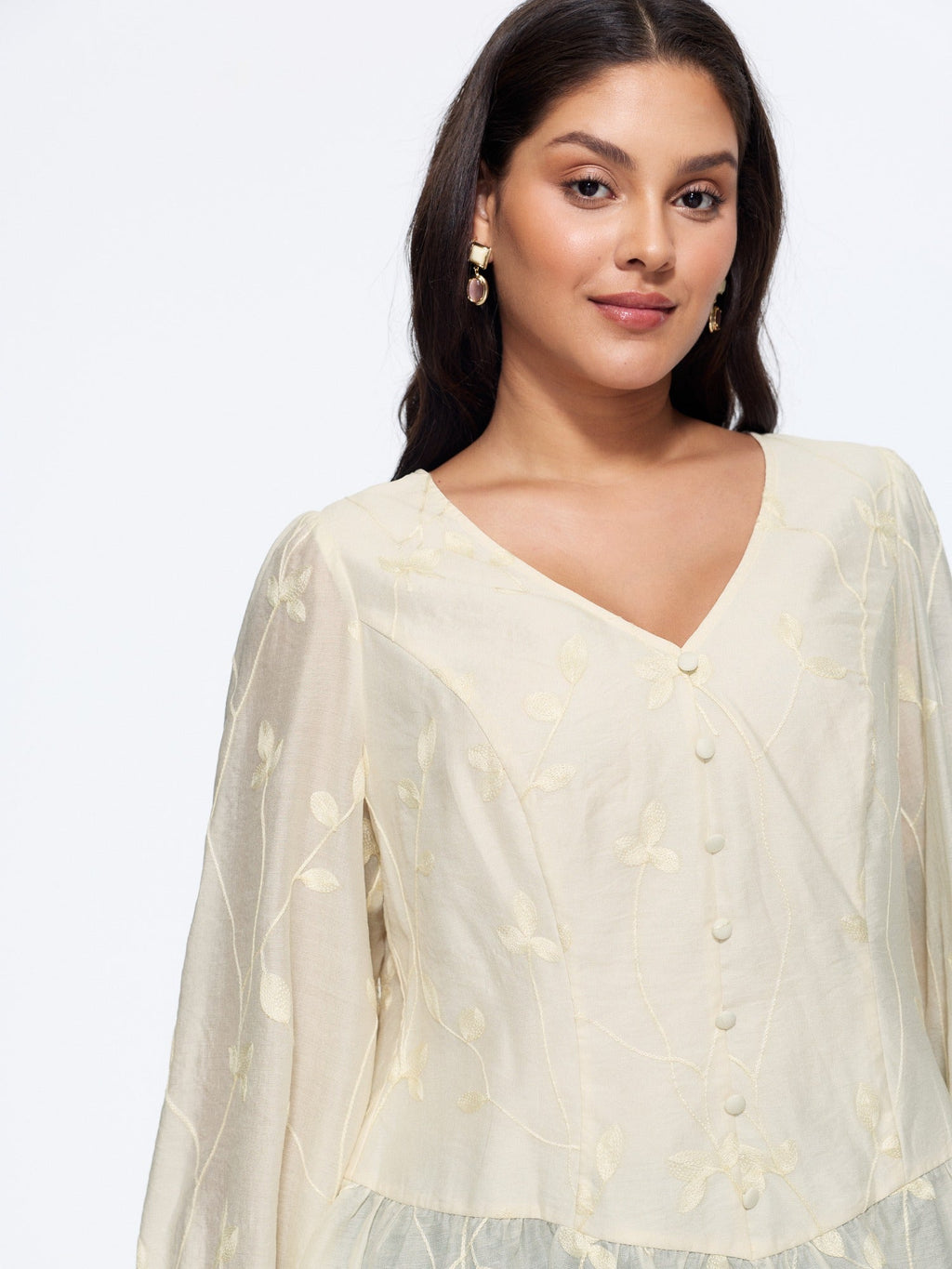 Leaf Embroidered Button Front Ruffle Hem Blouse