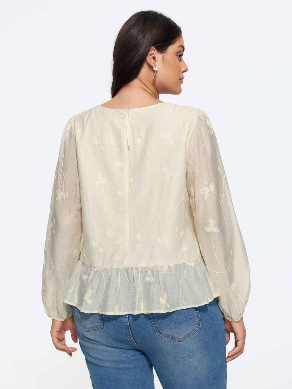 Leaf Embroidered Button Front Ruffle Hem Blouse