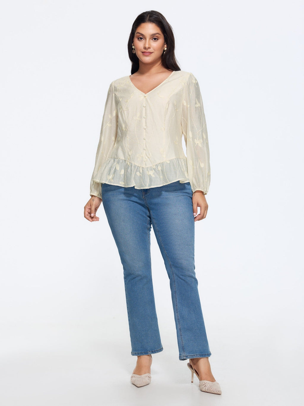 Leaf Embroidered Button Front Ruffle Hem Blouse