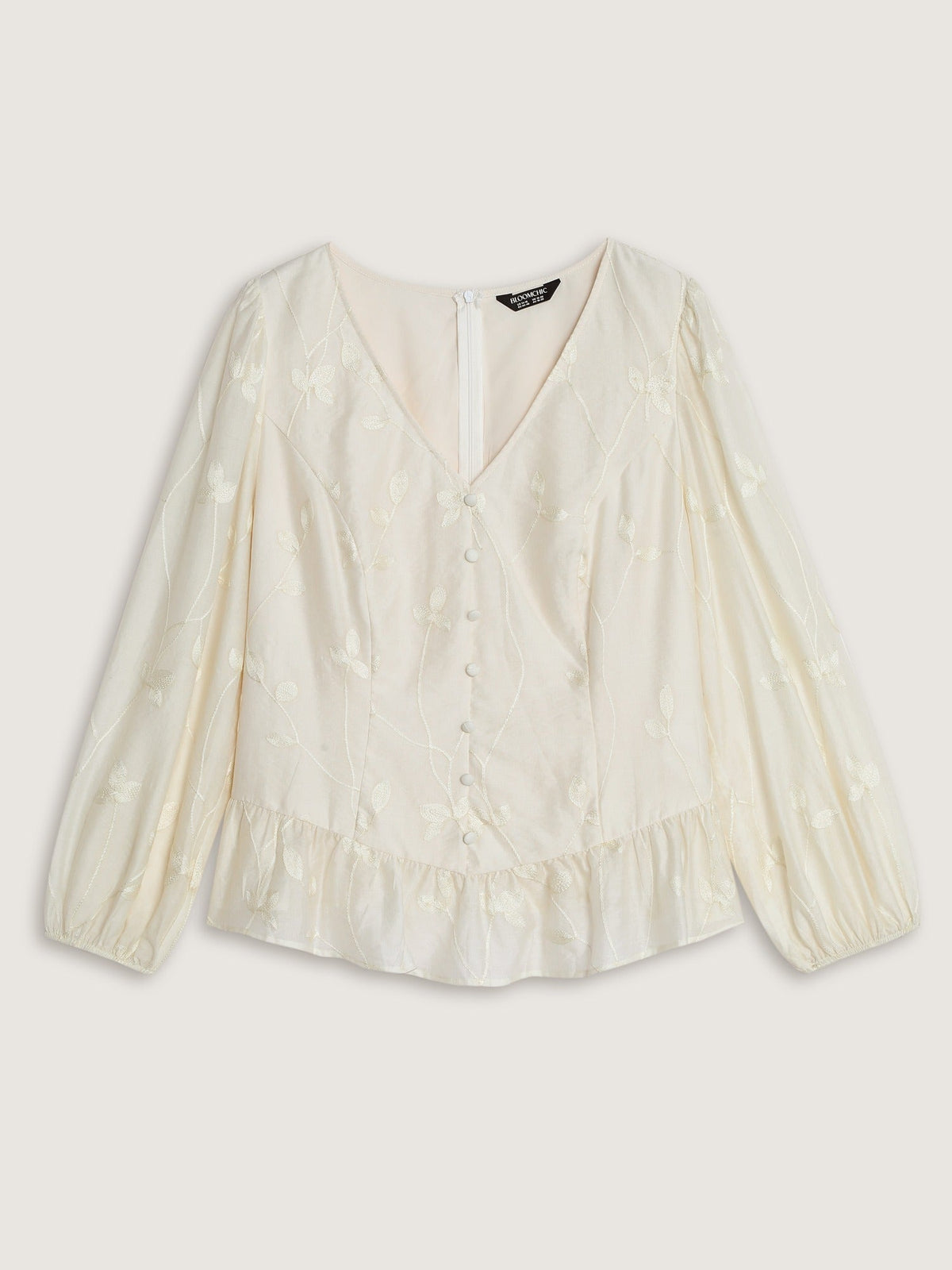 Leaf Embroidered Button Front Ruffle Hem Blouse