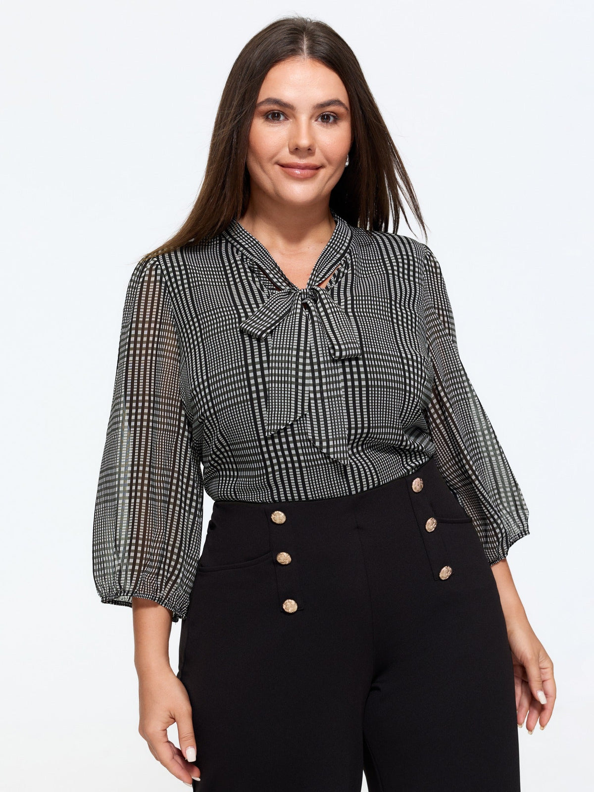 Plaid V‑Neck Bow Tie Front Blouse