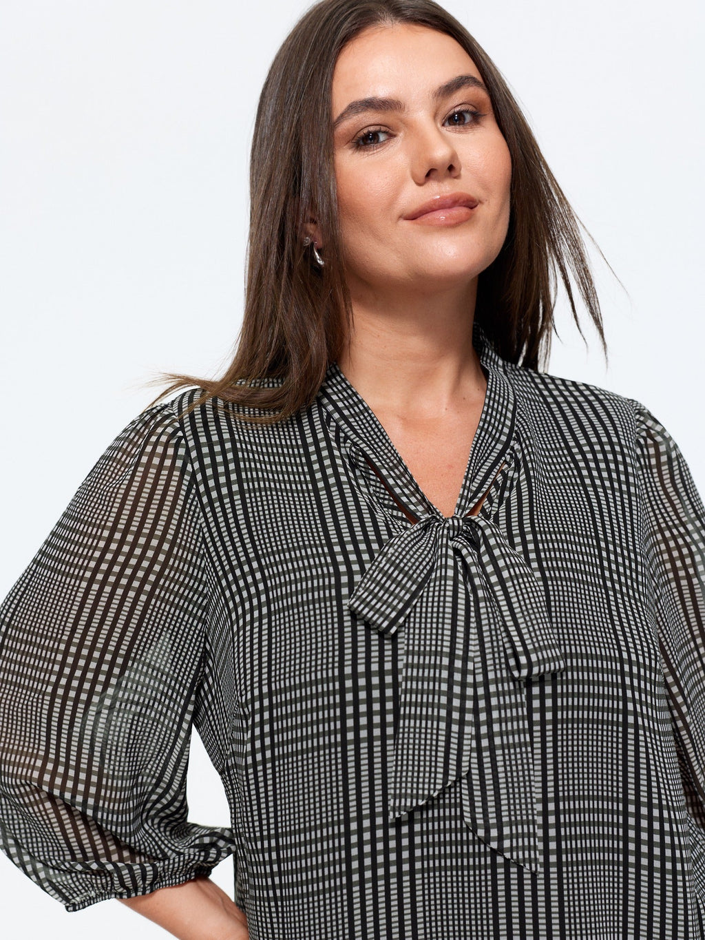 Plaid V‑Neck Bow Tie Front Blouse