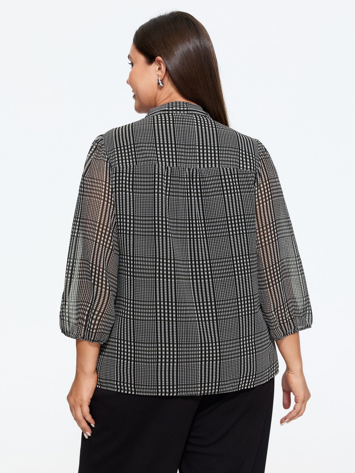 Plaid V‑Neck Bow Tie Front Blouse