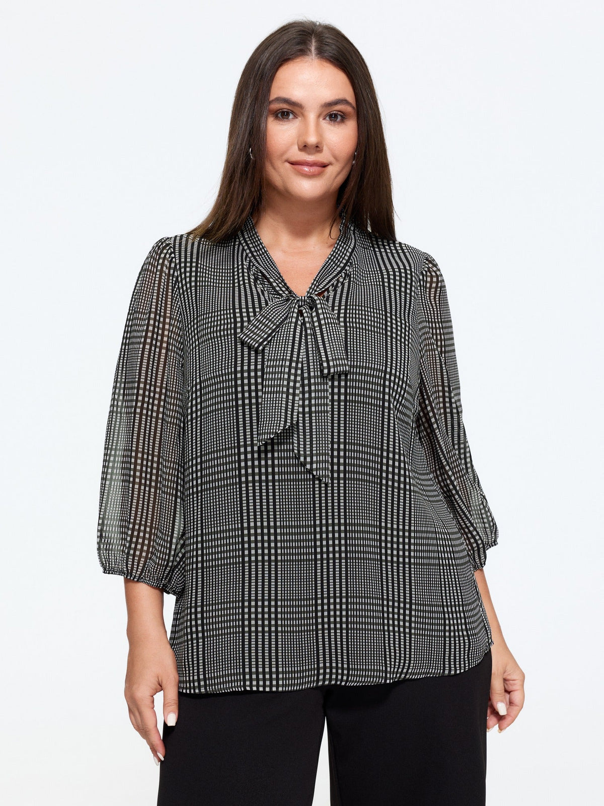 Plaid V‑Neck Bow Tie Front Blouse