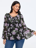 Floral Print Ruffle Trim Bell Long Sleeve Blouse