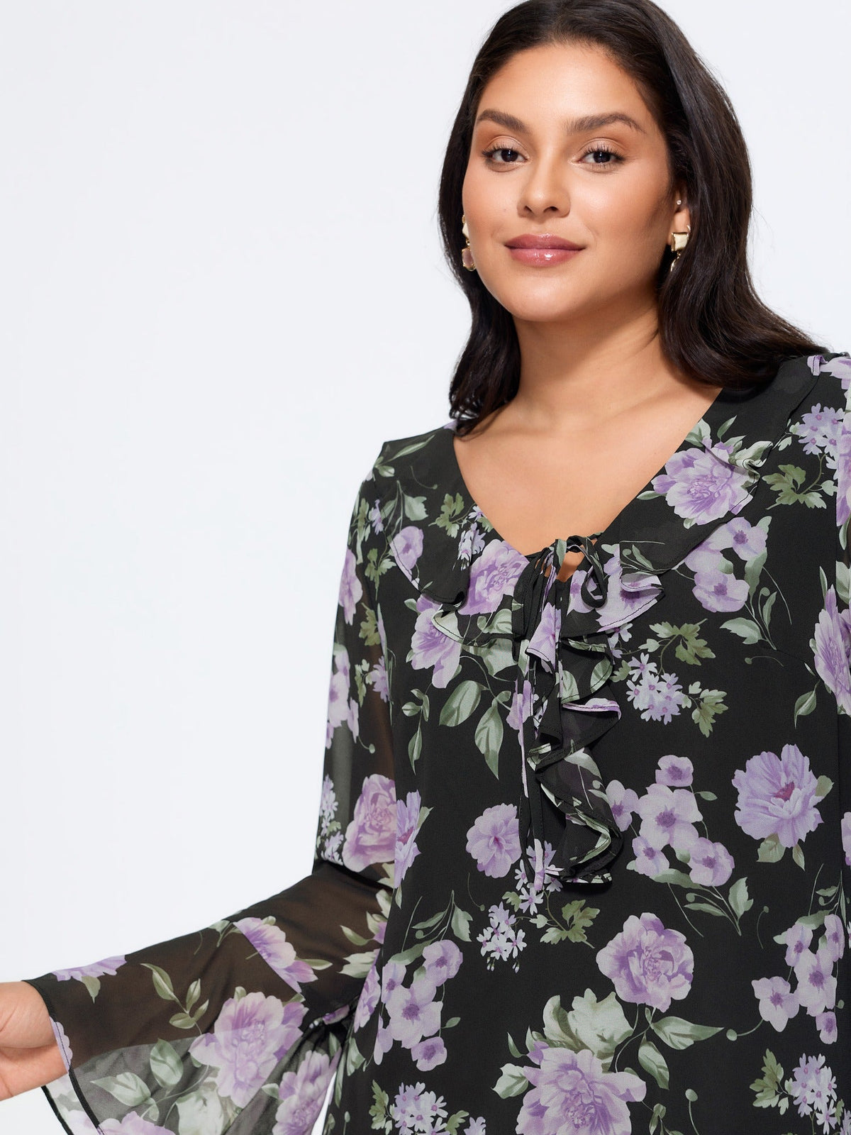 Floral Print Ruffle Trim Bell Long Sleeve Blouse