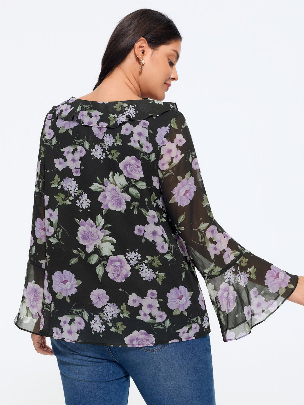 Floral Print Ruffle Trim Bell Long Sleeve Blouse