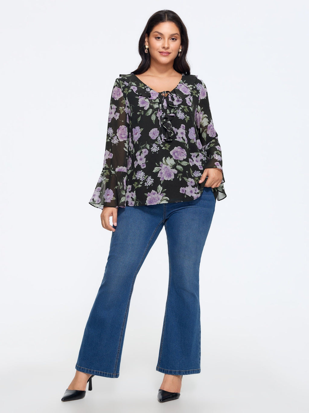 Floral Print Ruffle Trim Bell Long Sleeve Blouse