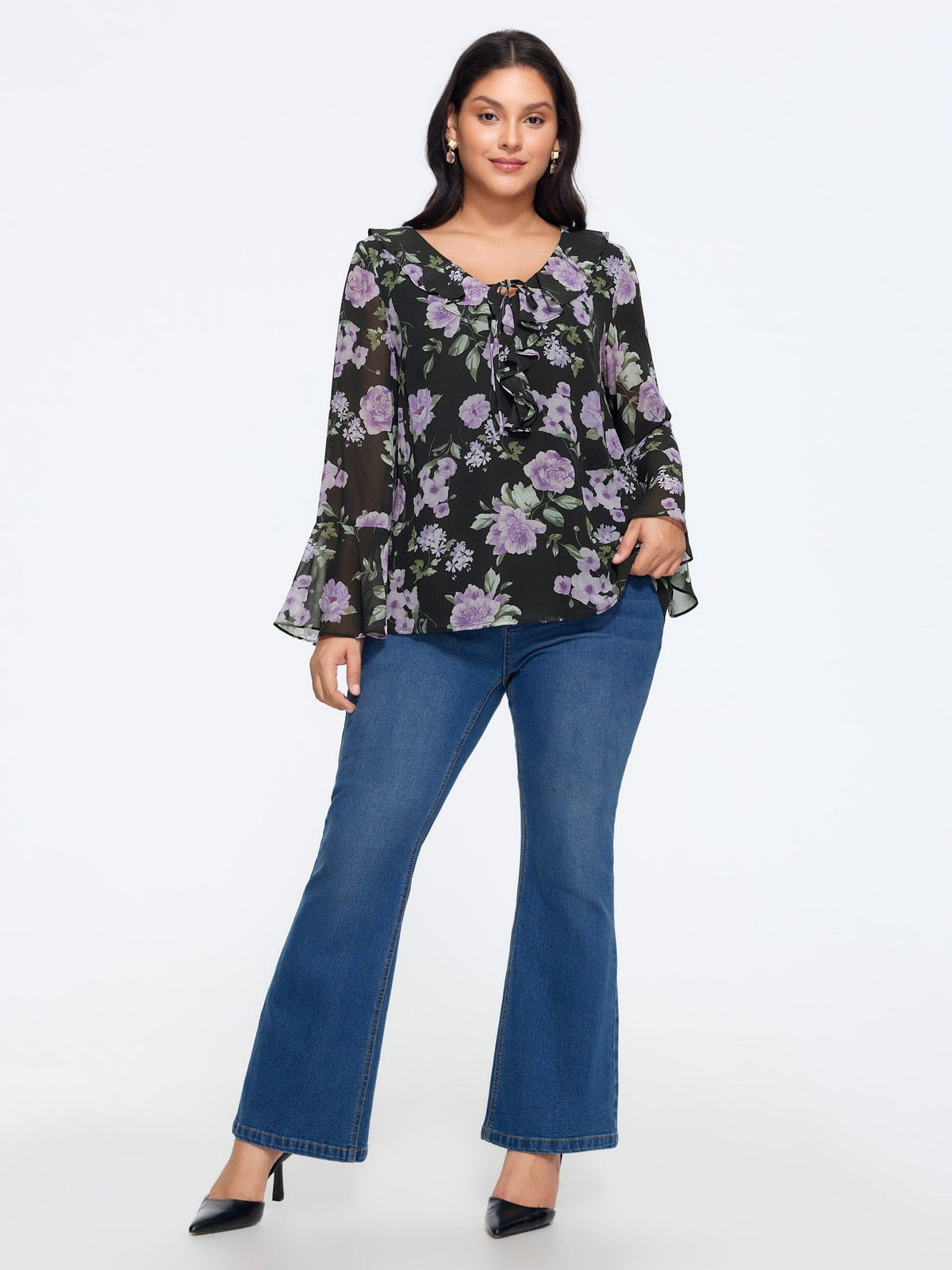 Floral Print Ruffle Trim Bell Long Sleeve Blouse