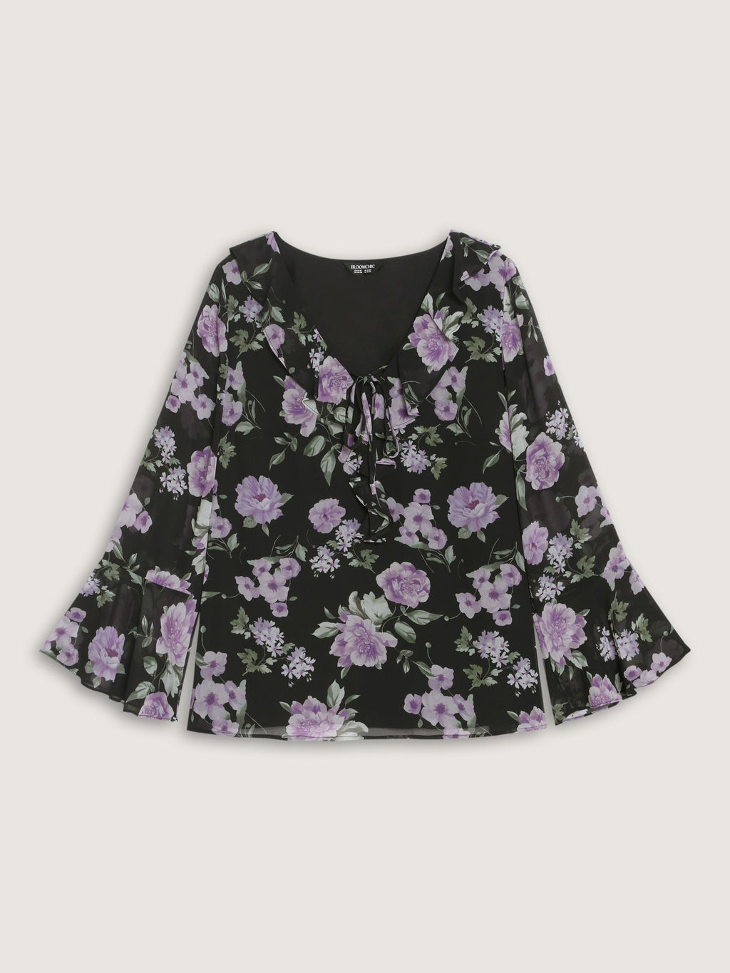 Floral Print Ruffle Trim Bell Long Sleeve Blouse