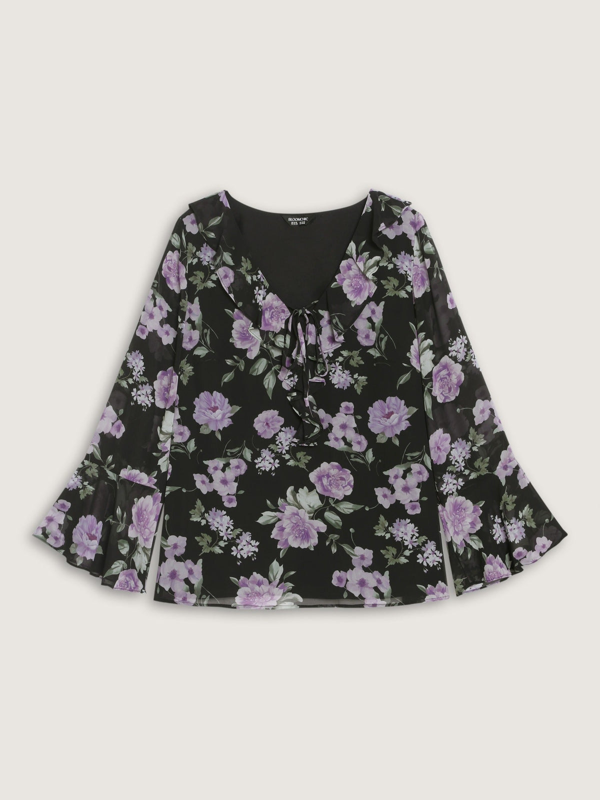 Floral Print Ruffle Trim Bell Long Sleeve Blouse