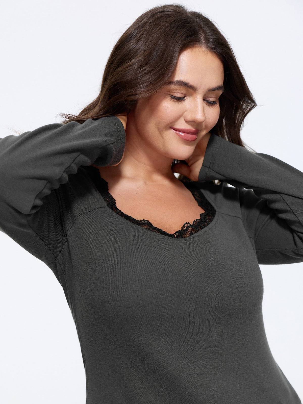 Stretchy Square Neck Lace Trim Long Sleeve T-Shirt
