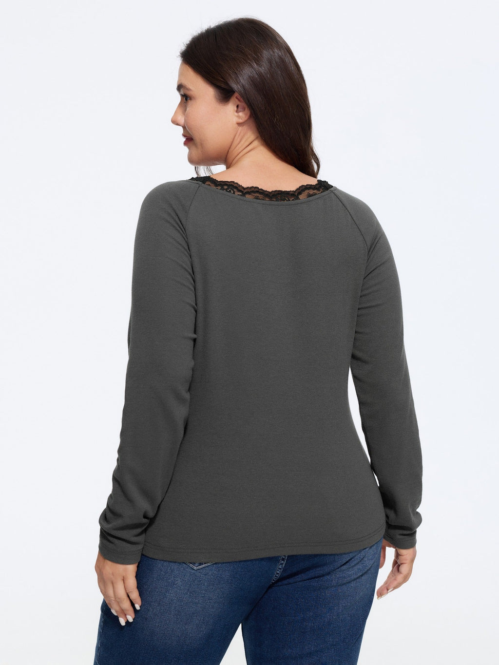 Stretchy Square Neck Lace Trim Long Sleeve T-Shirt