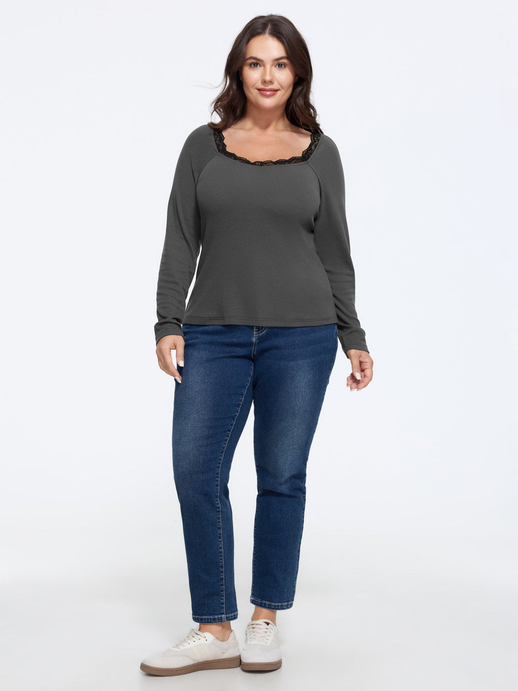 Stretchy Square Neck Lace Trim Long Sleeve T-Shirt