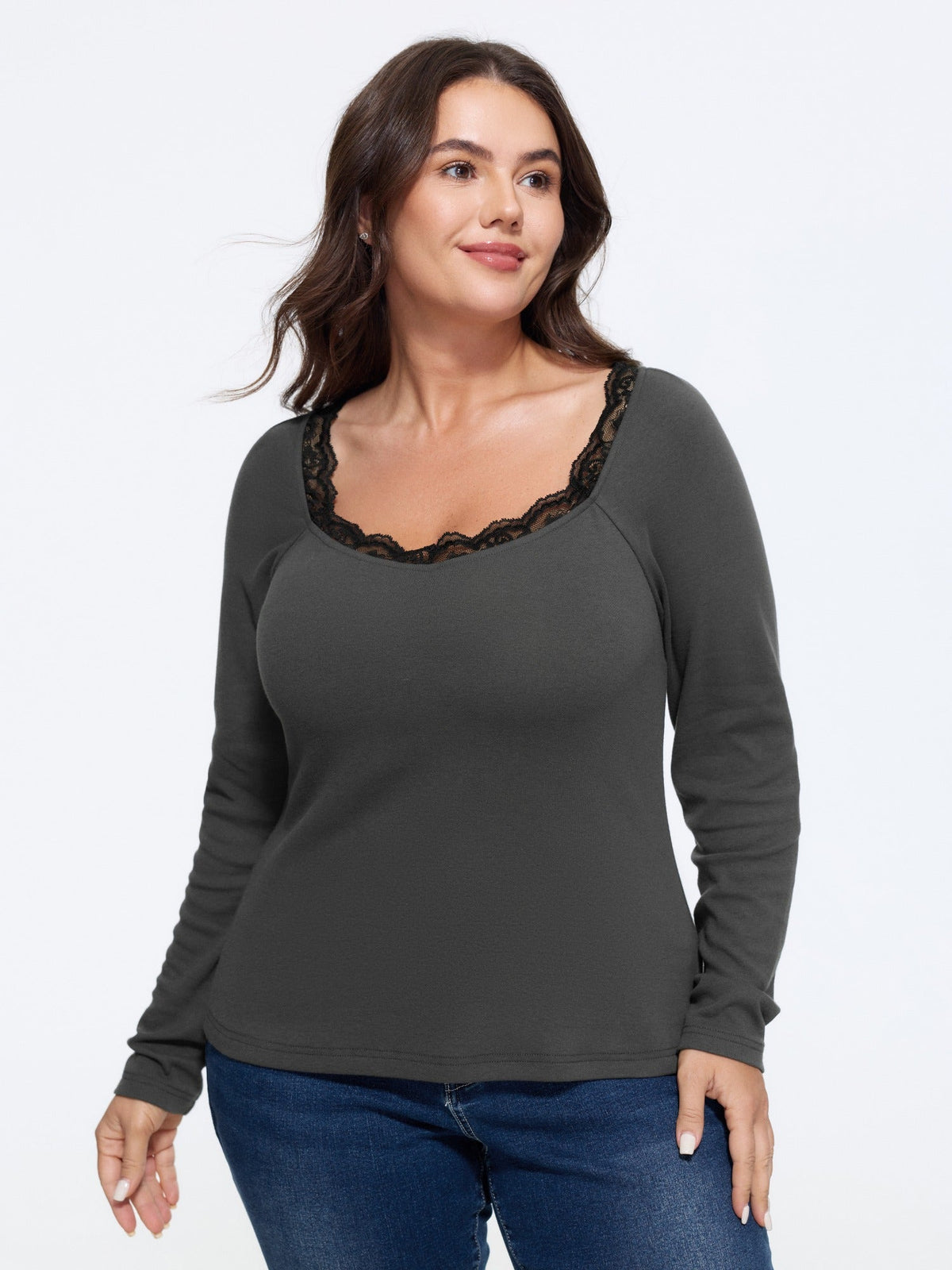 Stretchy Square Neck Lace Trim Long Sleeve T-Shirt