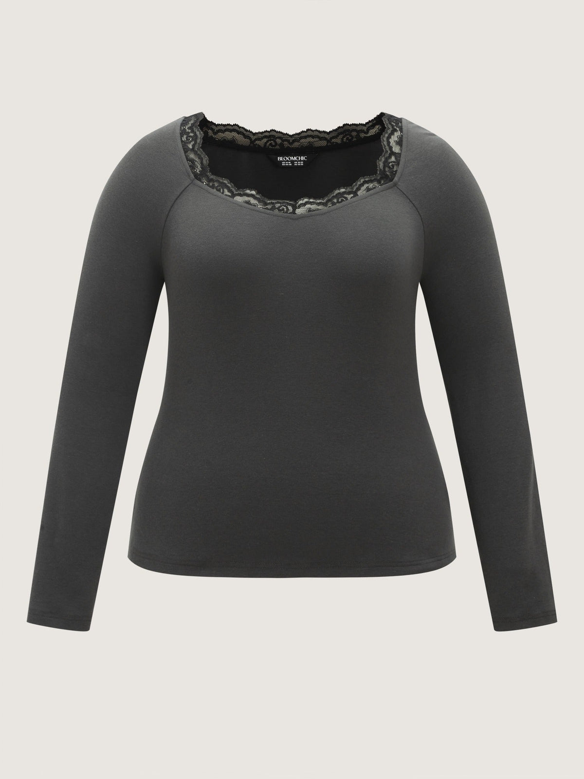 Stretchy Square Neck Lace Trim Long Sleeve T-Shirt