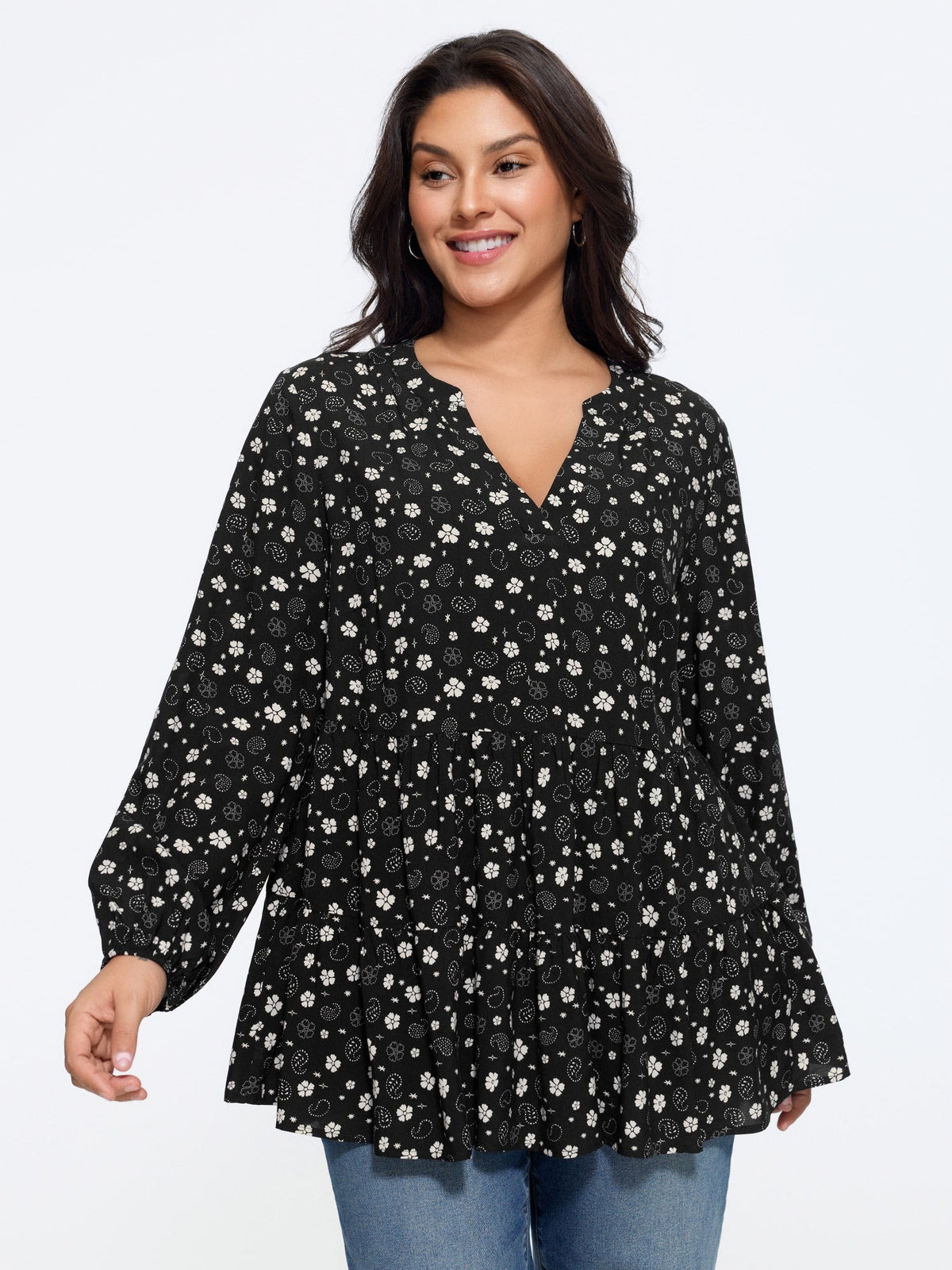 Floral Print Tiered Ruffle Hem Loose Blouse
