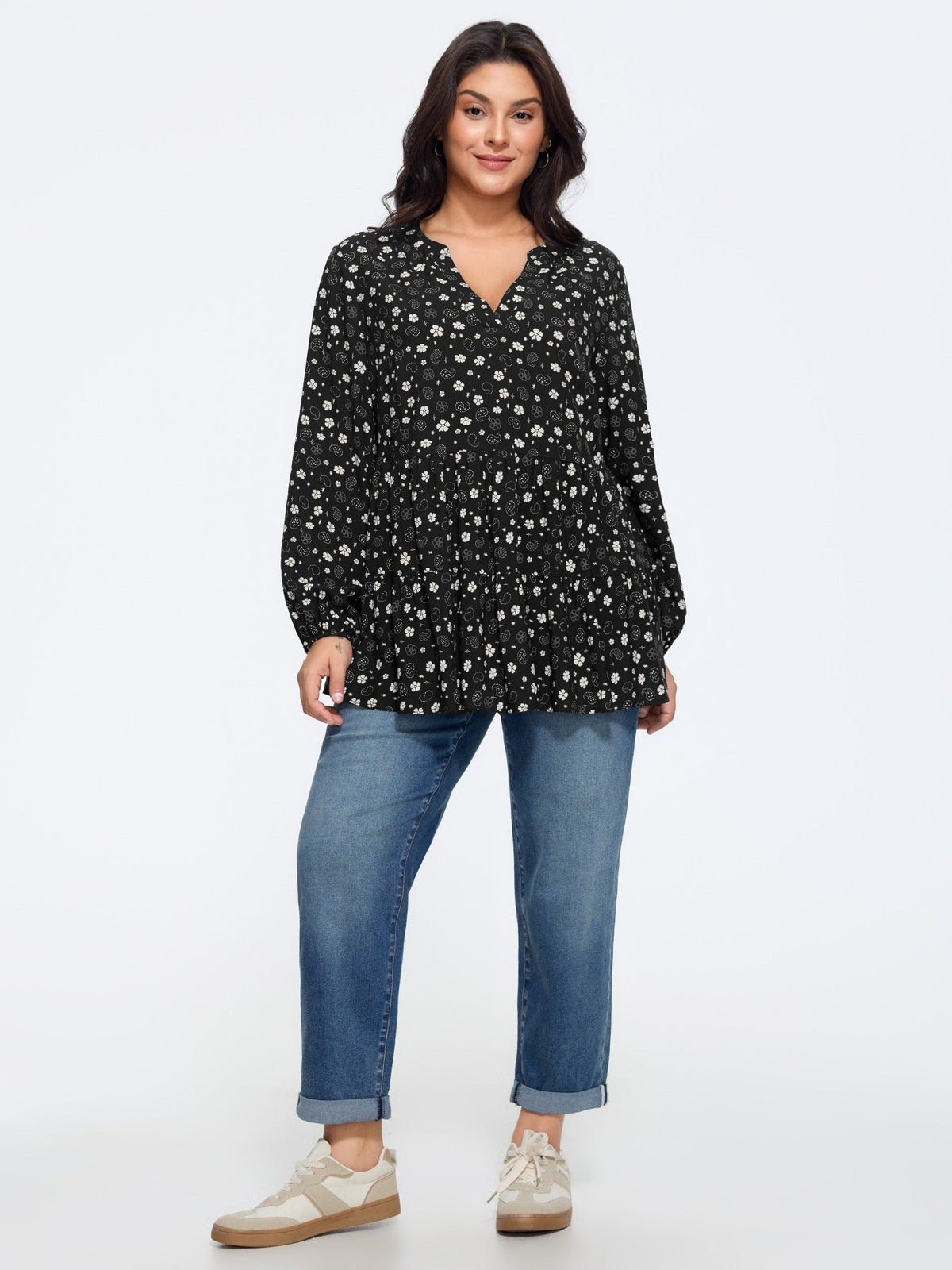 Floral Print Tiered Ruffle Hem Loose Blouse