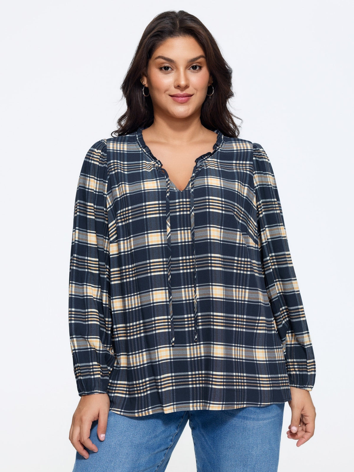 Plaid Ruffle Trim V‑Neck Tie‑Front Blouse