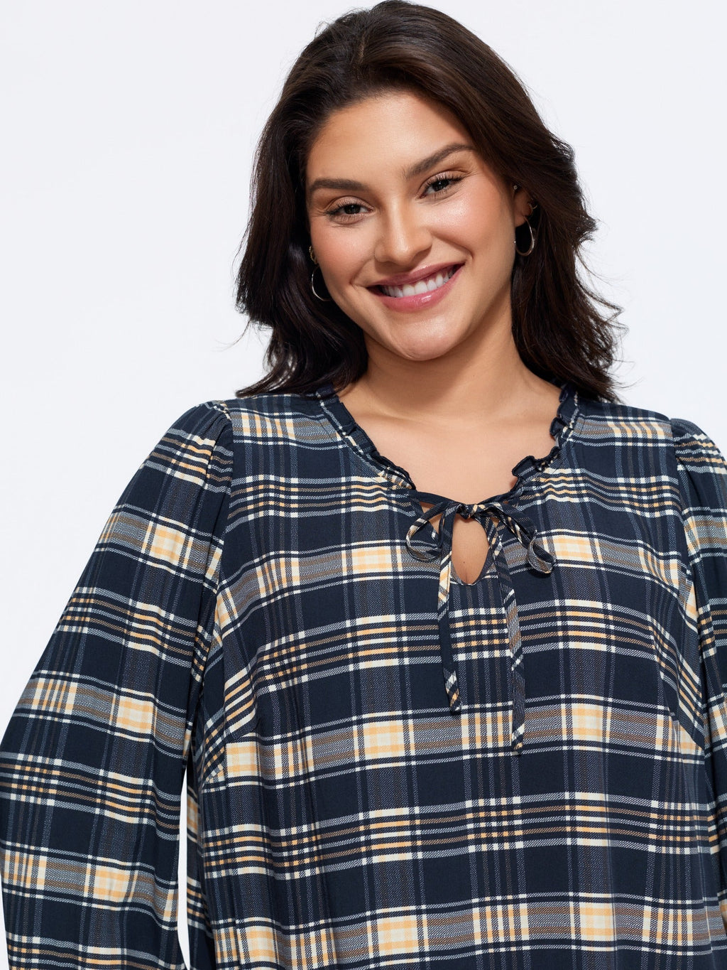 Plaid Ruffle Trim V‑Neck Tie‑Front Blouse