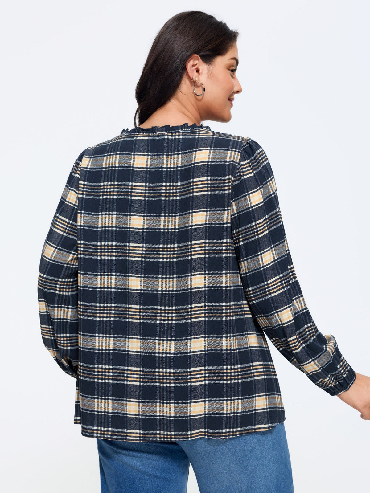 Plaid Ruffle Trim V‑Neck Tie‑Front Blouse