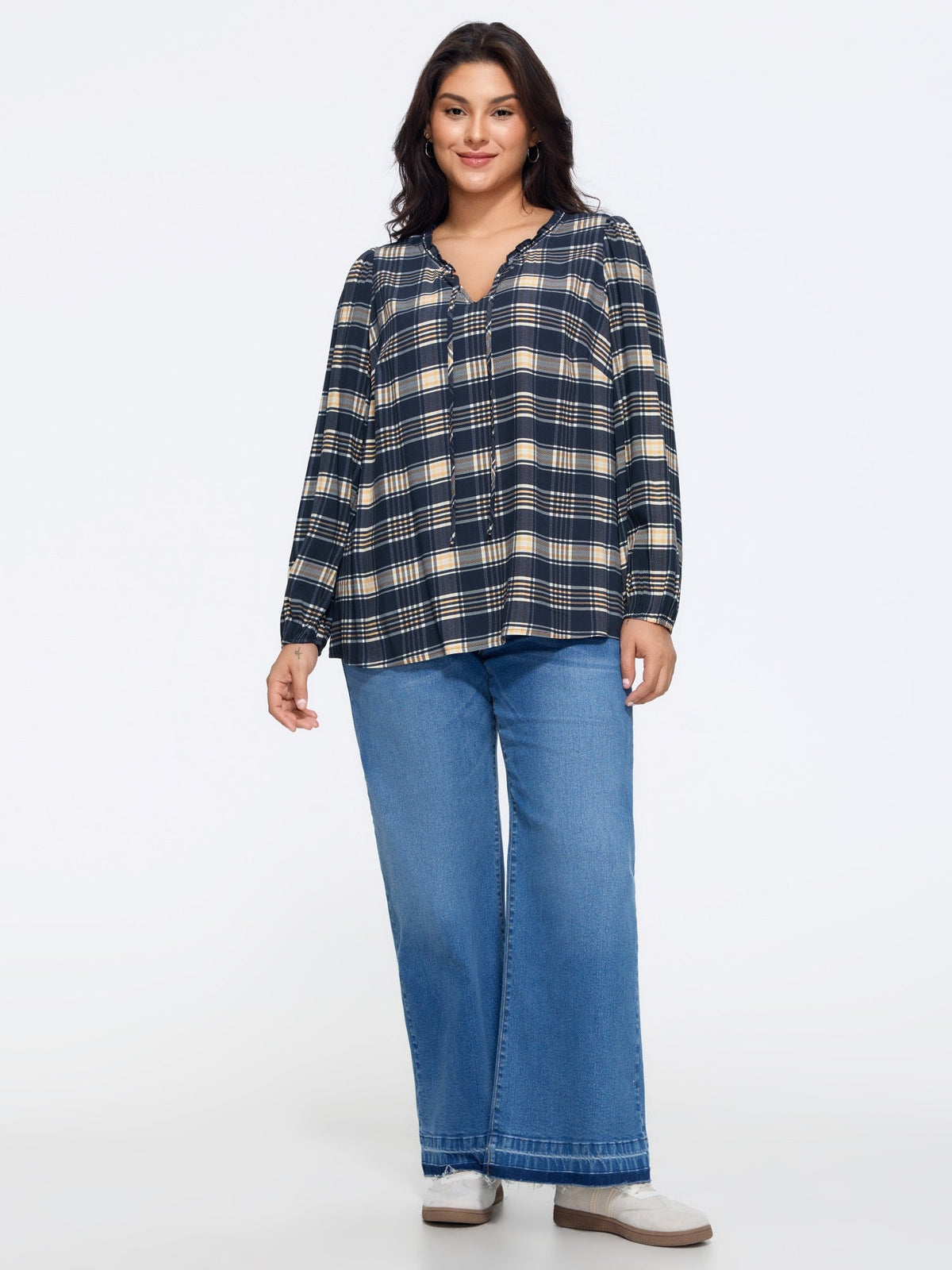 Plaid Ruffle Trim V‑Neck Tie‑Front Blouse